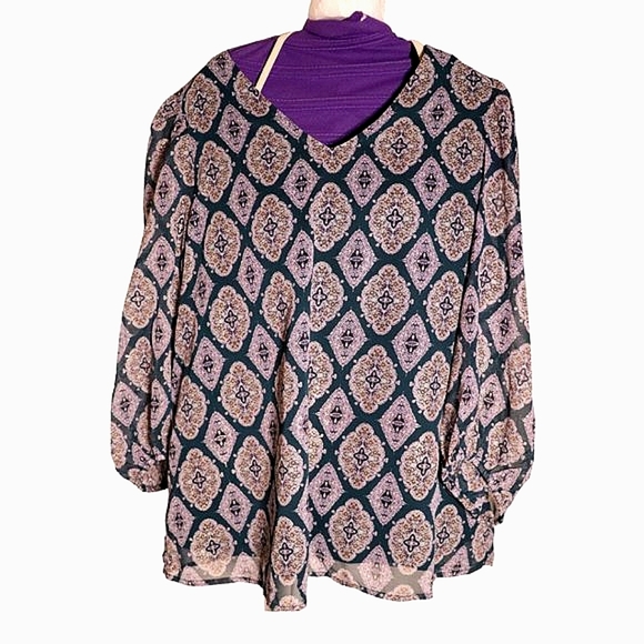 NINE WEST WOMENS MEDIUM NAVY BLUE & PURPLE FLORAL BLOUSE - Picture 1 of 3